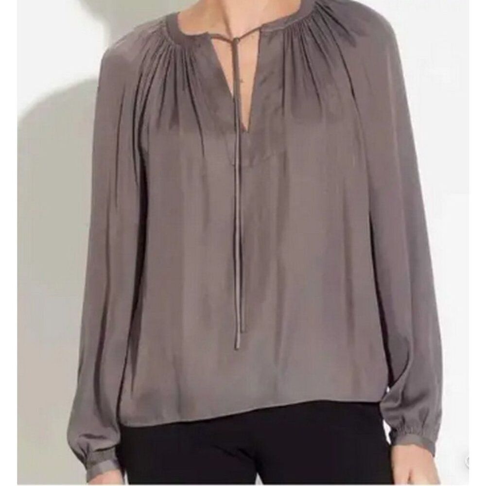 T TAHARI Pleated Blouse Women’s XS Tie V Neck Top Satin Gray Long Sleeve Spring